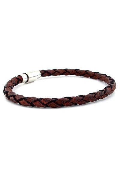 Solfera Brown Braid Real Leather Metal Magnet Men's Bracelet M019p