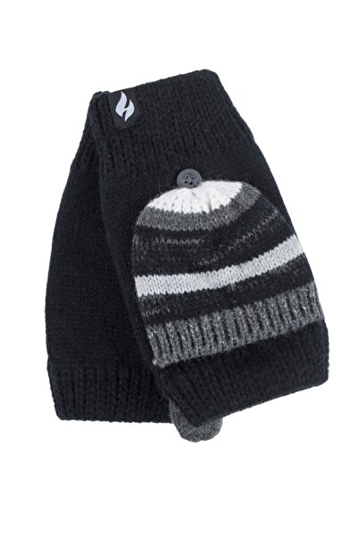 Heat Holders Parmaksız Kapaklı Siyah Gri Çizgili Termal Kış Kadın Eldiveni Br...