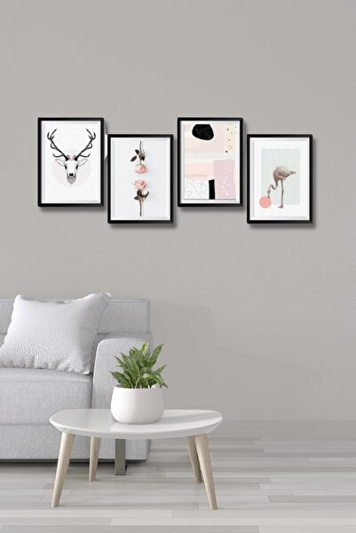 NT Handmade 4'lü Ahşap Tablo Seti - Geyik Kafası Flamingo Salon Oturma Yatak ...