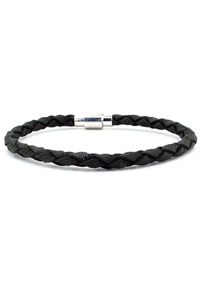 Solfera Khaki Green Hair Braid Leather Metal Magnet Men's Bracelet M019f