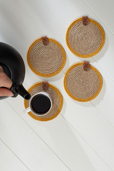 Homever 4 Pieces 13cm Mustard Striped Jute Straw Knitted Coaster Presentation Set