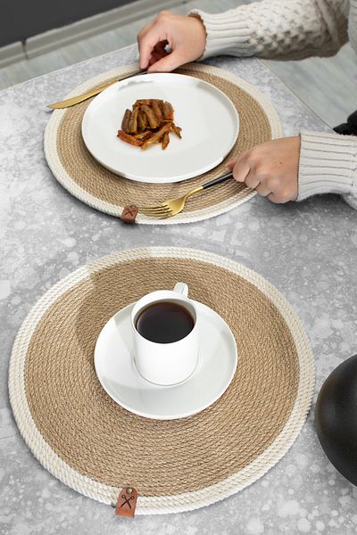 Homever 2 bucăți 32 cm rotund cu dungi albe set de prezentare cu împletitură din iuta din paie de servire americană