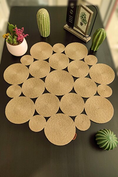 Homever Annular 50cm Yuvarlak Hasır Jüt Salon Mutfak Masa Örtüsü / Runner / Ranır