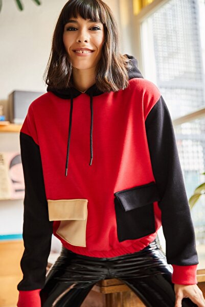 Olalook Dámská mikina červená černá barva blokovaný fleece uvnitř SWT-19000327