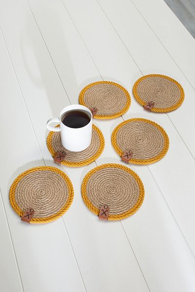 Homever Straw Coaster 6 Pieces 13cm - Mustard Striped Jute Rope Candle Coaster Coffee Presentation Mug Coaster