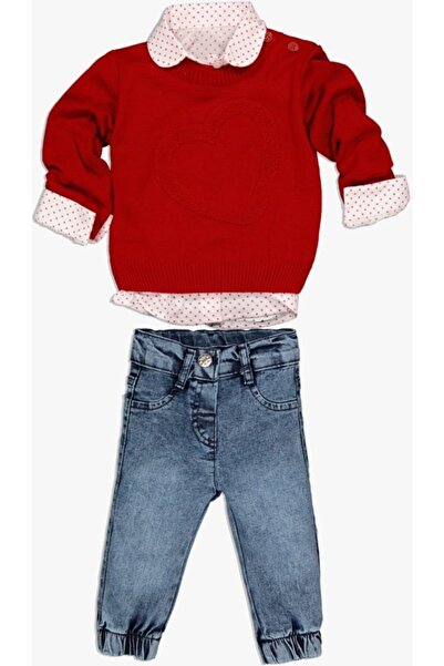 Concept. Concept Kız Bebek Kırmızı Kalpli Kazaklı Gömlek Pantolon 3lü Alt Üst Takım