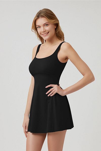 Kom Round Neck Jerom Solid Color Compact Dress Swimsuit
