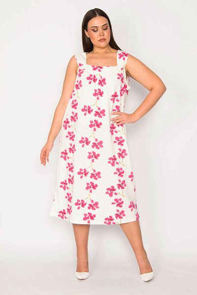 Şans Women's Large Size Colorful Cotton Fabric Floral Pattern Dress 65n30249