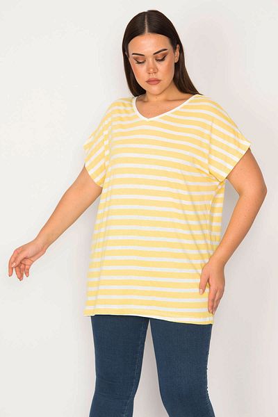 Şans Women's Large Size Yellow Back Detailed V-Neck Low Sleeve Blouse 65n30175