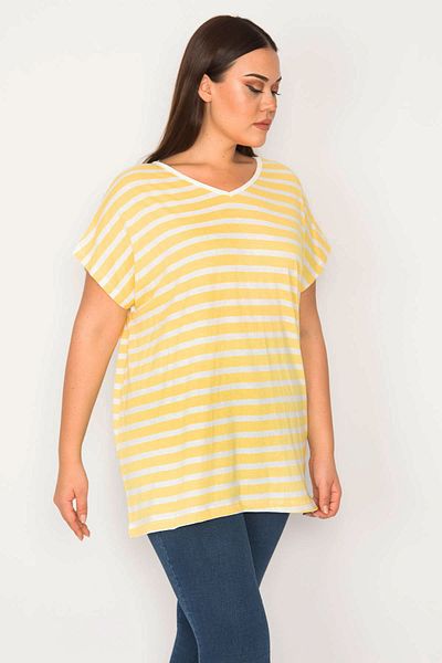 Şans Women's Large Size Yellow Back Detailed V-Neck Low Sleeve Blouse 65n30175