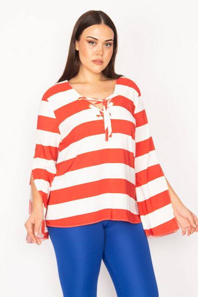 Şans Women's Large Size Red Collar Eyelet Lace Detailed Sleeve Slit Striped Blouse 65n30165
