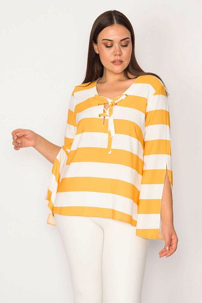 Şans Women's Large Size Yellow Collar Eyelet Lace Detailed Sleeve Slit Striped Blouse 65n30165