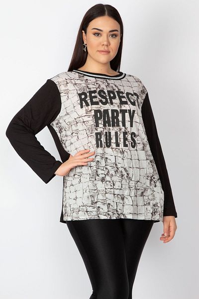 Şans Women's Large Size Black Front Printed Blouse 65n29784