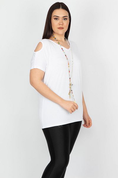 Şans Women's Large Size White Off-the-Shoulder Viscose Blouse 65n30102