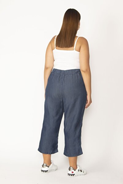 Şans Women's Navy Blue Elastic Waist and Lace-up Side Pocket Fabric Ankle Length Trousers 65N30115