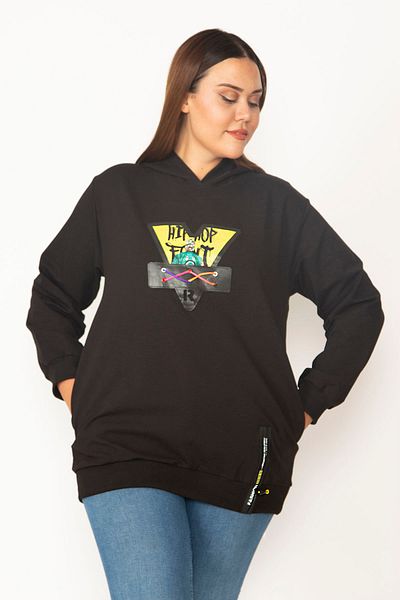 Şans Women's Large Size Black Digital Printing and Hooded Detailed Side Pocket Sweatshirt 65n30090