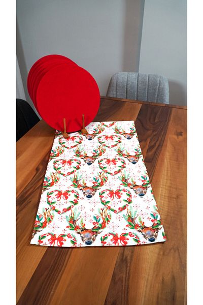 Viemso New Year's Deer Patterned Runner, Set of 6 Plates