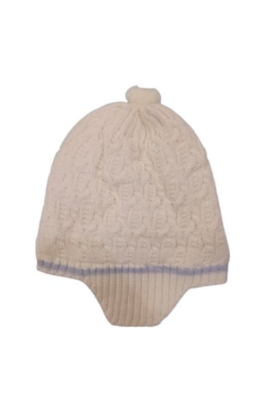 Recos White Blue Striped Furry Beret with Pompom Ears