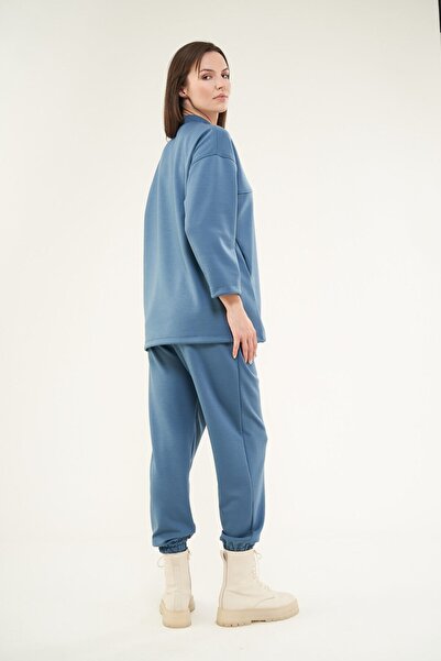 Mevra - Önü Dikişli Cepli Sweatshirt Indigo