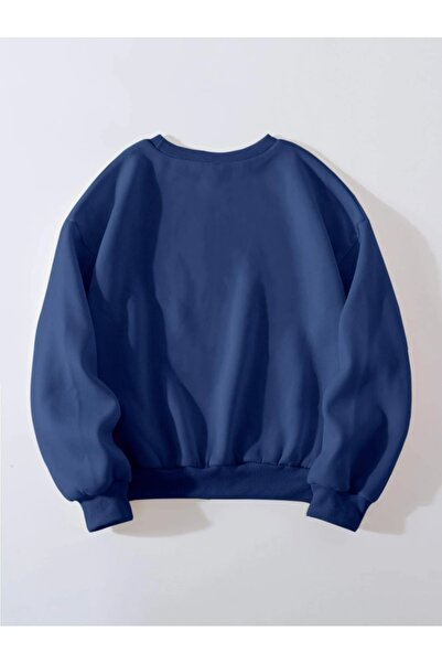 Genel Markalar Unisex Mavi Michigan Middle West Bisiklet Yaka Baskılı Oversize Sweatshirt