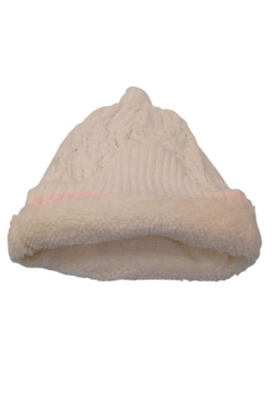 Recos Unusex White Pink Striped Furry Beanie with Pompom Ears