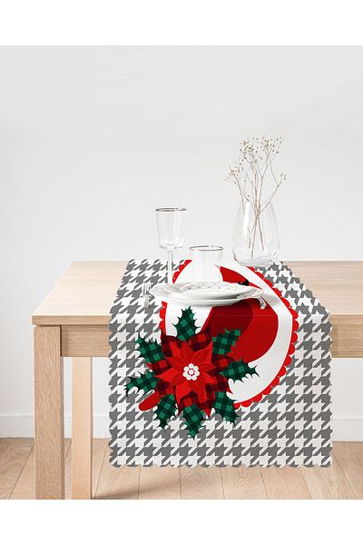 Realhomes Digital Printed Modern Runner with Gray Plaid Background & Red Bird Design