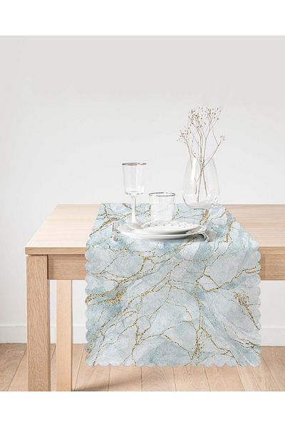 Realhomes Runner cu design special imprimat digital, cu dungi aurii, fundal albastru