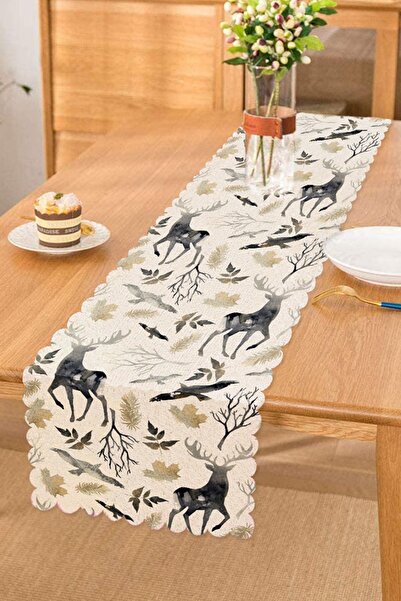 Realhomes Fundal Ecru Motive Cerb și Frunze Print Digital Design Special Runner