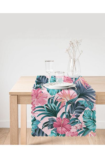 Realhomes Live pe fundal roz Tropical Leaves Alergăr imprimat digital