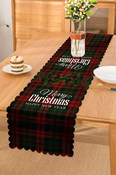 Realhomes Ekose Zeminde Merry Christmas Baskılı Dekoratif Özel Tasarım Runner