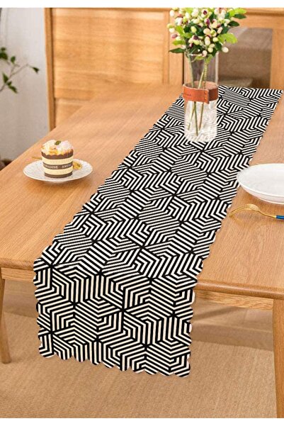 Realhomes Siyah Beyaz Geometrik Çizim Baskılı Runner