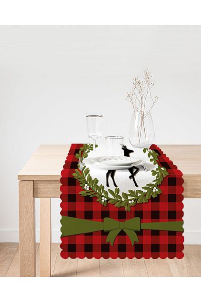 Realhomes Plaid Background Wreathed Deer Motif Digital Printed Modern Runner