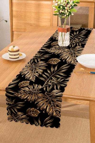 Realhomes Alergăr cu design special cu model de frunze de culoare aurie pe fundal negru