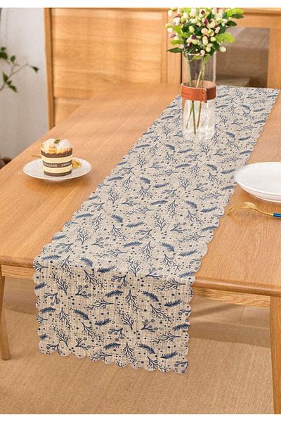 Realhomes Alergăr cu design special cu model de ramuri pe podea din denim gri
