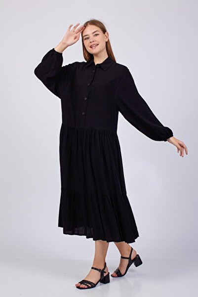 Volanlı Black Wide Cut Viscose Dress
