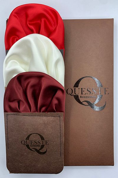 Quesste Accessory Men's Set of 3 Red Beige Claret Red - Ready-made Folded Pocket Collar Handkerchief Suit