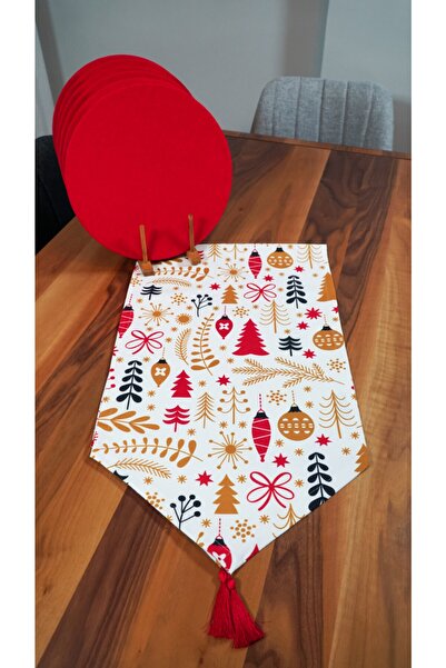 Viemso New Year's Patterned White Floor Tassel Runner, Set of 6 Plates