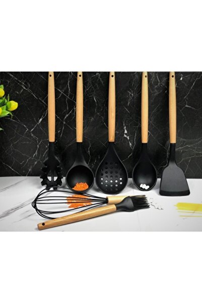 GalleonHome 7 Piece Bamboo Handle Silicone Ladle Spatula Kitchen Set