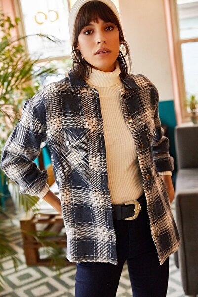 Olalook Női sötétkék dupla zsebes alkalmi kockás bélyegző ing GML-19000732