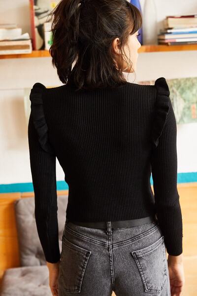 Olalook Pulover de damă, negru, cu nasturi, cu detaliu în talie, tricotaj, KZK-19000263