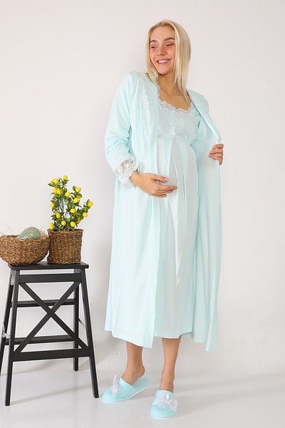 lohusahamile طقم ثوب نوم للحوامل باللون الفيروزي 2602 باللون الفيروزي مع ثوب نوم طويل