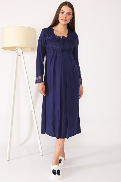 lohusahamile ثوب نوم للحوامل مزين بالدانتيل باللون الأزرق الداكن للنساء