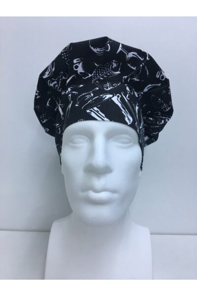 ADALILAR İŞ ELBİSELERİ Aşçı Şapkası Mantar Kep (siyah Mutfak Desenli)