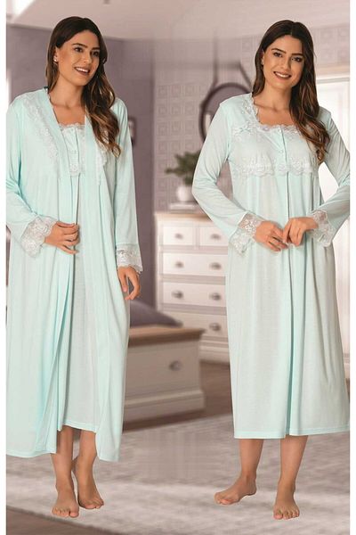 Effort Pijama Effortt Turquoise Maternity Nightgown Set with Dressing Gown 2402
