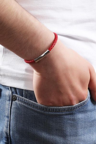 LABALABA Men's Steel Closure Red Color Braided Leather Bracelet