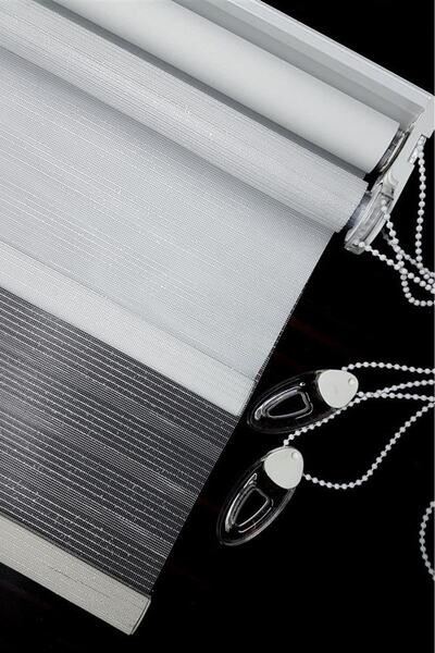 Perva Armür 1119 Çiftli Sistem Simli Çizgili Beyaz Tül Stor Perde