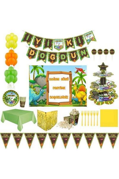 Parti Furyası Luxury Birthday Party Ornaments with Dinosaur Banner for 32 People