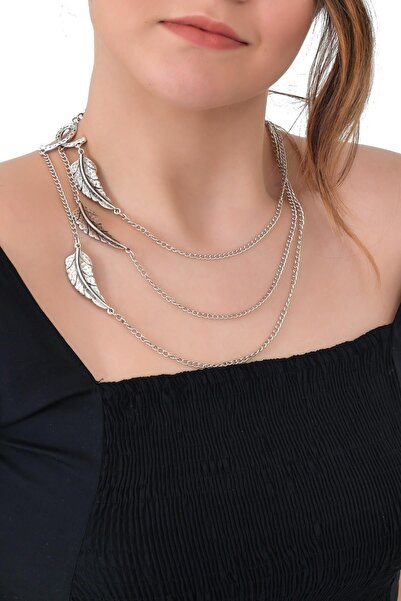 LABALABA KADIN ANTİK GÜMÜŞ KAPLAMA KOMBİN YAPRAK KOLYE