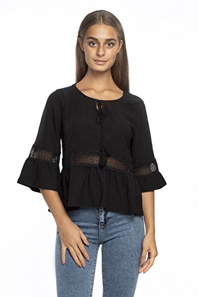 Miss Murem Kadın Siyah Kolu Volanlı Dantelli Bluz