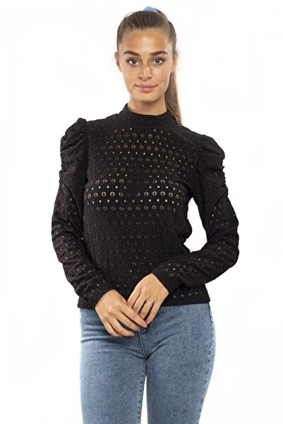 Miss Murem Kadın Siyah Omuz Büzgü Delikli Bluz